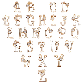 26Pcs 26 Style Golden Plated Brass Pendants, with Rhinestone, Alphabet