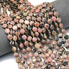 Природные родонит бисер нитей, граненый шестиугольный разрез, плоско-круглые, с бисером