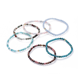 Bracelets élastiques de pierres précieuses naturelles, avec des perles en laiton, ronde