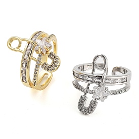 Rack Plating Brass Micro Pave Cubic Zirconia Paper Clip Open Cuff Rings for Women, Long-Lasting Plated, Cadmium Free & Lead Free