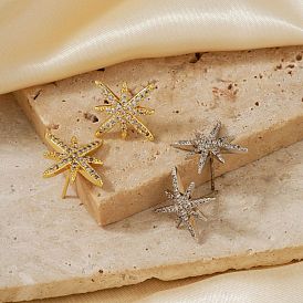 Copper Delicate Eight-pointed Star Stud Earrings with Zircon for Women