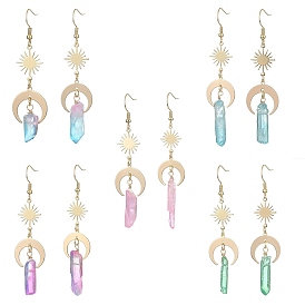 Dyed Natural Quartz Crystal Bullet Dangle Earrings, Moon & Star Brass Long Drop Earrings with 304 Stainless Steel Pins