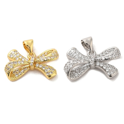 Brass Micro Pave Clear Cubic Zirconia Pendants, Cadmium Free & Lead Free, Bowknot