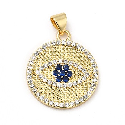 Brass Micro Pave Cubic Zirconia Pendants, Long-Lasting Plated, Cadmium Free & Lead Free, Real 18K Gold Plated, Flat Round with Eye