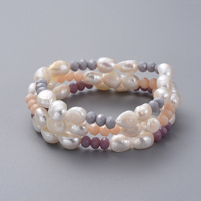 Natural Baroque Pearl Stretch Bracelets, Stackable Bracelets, with Faceted Rondelle Glass Beads and Burlap Bags
