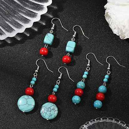 3 Pairs Brass Synthetic Turquoise Dangle Earrings, Round & Rectangle