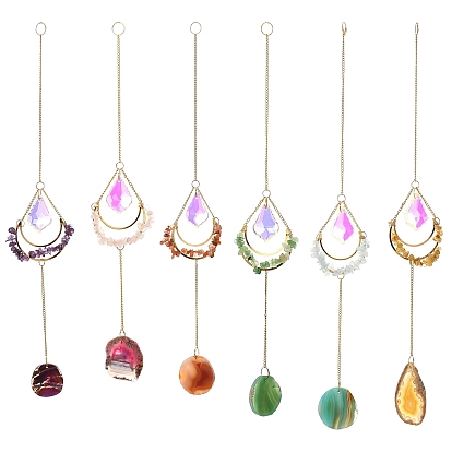 Подвеска-ловец солнца из натуральных драгоценных камней и срезов агата, Латунная луна и подвесная призма из стеклянного кристалла для украшения окон и сада.