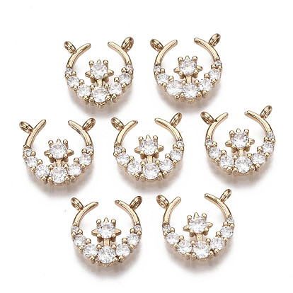 Brass Micro Pave Cubic Zirconia Pendants, Long-Lasting Plated, Moon with Star, Light Gold