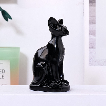 Natural Obsidian Carved Healing Cat Figurines, Reiki Energy Stone Display Decorations