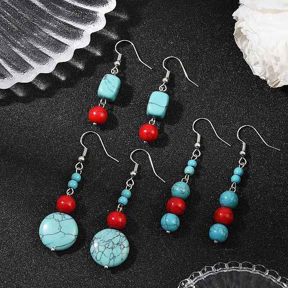 3 Pairs Brass Synthetic Turquoise Dangle Earrings, Round & Rectangle