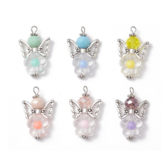 Акриловые бусины с подвесками из стеклянных бусин, цветок и ангел, с фурнитурой из сплава в тибетском стиле и 304 штифтами с плоской головкой из нержавеющей стали