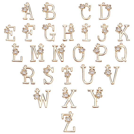 26Stk 26 Stil vergoldete Messinganhänger, mit Strass, Alphabet