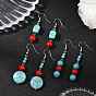 3 Pairs Brass Synthetic Turquoise Dangle Earrings, Round & Rectangle