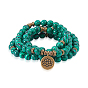 1Pc 8MM Synthetic Malachite Prayer Round Beaded Stretch Necklaces, Alloy Lotus Flower Pendant Necklaces