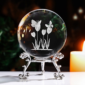 Inner Carving Flower Glass Crystal Ball Diaplay Decoration, with Metal Stand, Fengshui Home Decor