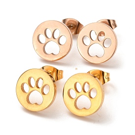 Ion Plating(IP) 304 Stainless Steel Stud Earrings, Flat Round with Dog Paw Prints