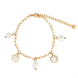 Bracelet à breloques en perles naturelles et fleurs de coquillages avec chaînes trombones en acier inoxydable