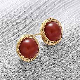 Серьги-гвоздики из натурального сердолика из латуни, круглые, реальный 14 k позолоченный