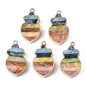 Rainbow Color Natural Imperial Jasper Pendants, with Golden Iron Loop and Edge, Dyed
