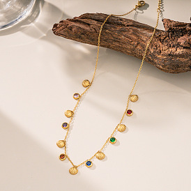 Океан 304 подвеска-колье из нержавеющей стали с цветными кубическими циркониями в форме плоской круглой ракушки для женщин