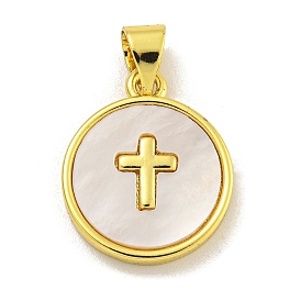 Rack Plating Brass Pave Nature Shell Cross Pendants, Flat Round Charms, Long-Lasting Plated, Lead Free & Cadmium Free