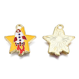 Alloy Enamel Pendants, Cadmium Free & Lead Free, Light Gold, Rocket with Star Charms