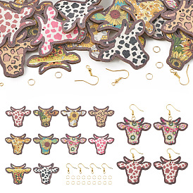 Kit de fabrication de boucles d'oreilles pendantes pour bovins de vache bricolage, y compris pendentifs en bois imprimés simple face, anneau de saut en laiton et crochets de boucle d'oreille