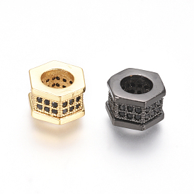 Brass Micro Pave Cubic Zirconia Beads, Hexagon, Black