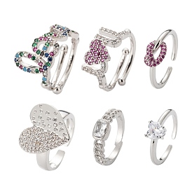 Anillos solitarios de circonita cúbica con micro pavé de latón estilo 6 piezas 6, anillos del manguito, larga duración plateado, nudo y rectángulo y palabra y corazón