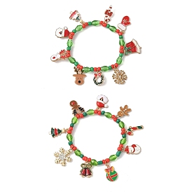 Рождественские браслеты с подвесками из эмали из сплава, эластичные браслеты из пластиковых и стеклянных бусин для женщин