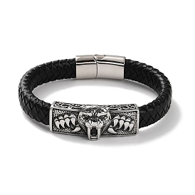 Men's Braided Black PU Leather Cord Bracelets, Tiger 304 Stainless Steel Link Bracelets with Magnetic Clasps