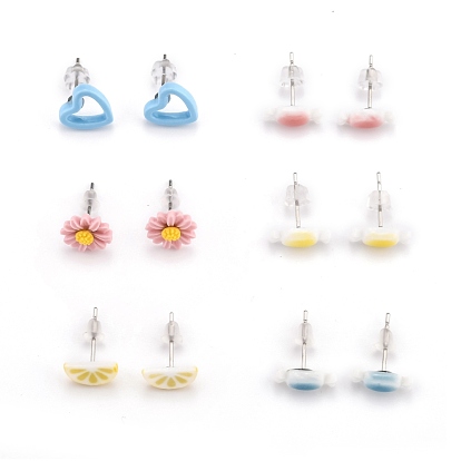 Porcelain Stud Earrings, with 304 Stainless Steel Findings and Plastic Ear Nuts, Mixed Shapes