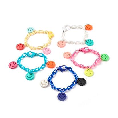 Opaque Acrylic Smiling Face Charm Bracelets, with ABS Plastic Cable Chains