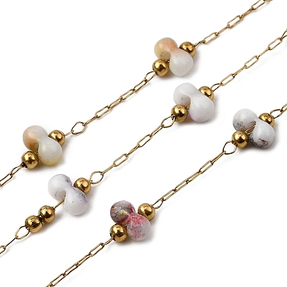 Ручная работа 304 круглые звенья цепочек из нержавеющей стали с фарфоровыми бусинами, пайки, с 316 цепями и катушкой из нержавеющей стали, ионное покрытие (ip), реальный 18 k позолоченный