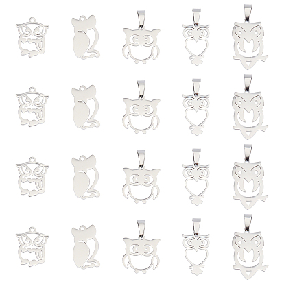 20 pcs 5 style 304 pendentifs en acier inoxydable, chouette