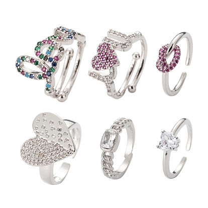 Anillos solitarios de circonita cúbica con micro pavé de latón estilo 6 piezas 6, anillos del manguito, larga duración plateado, nudo y rectángulo y palabra y corazón