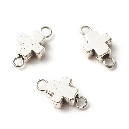 Tibetan Style Alloy Connector Charms, with 304 Stainless Steel Loops, Religion, Cross