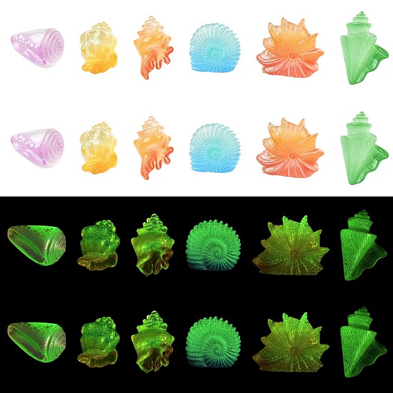 30 pièces 6 styles décorations lumineuses en résine en forme de coquillage, brillent dans le noir, décor pour aquarium, brillent dans le noir