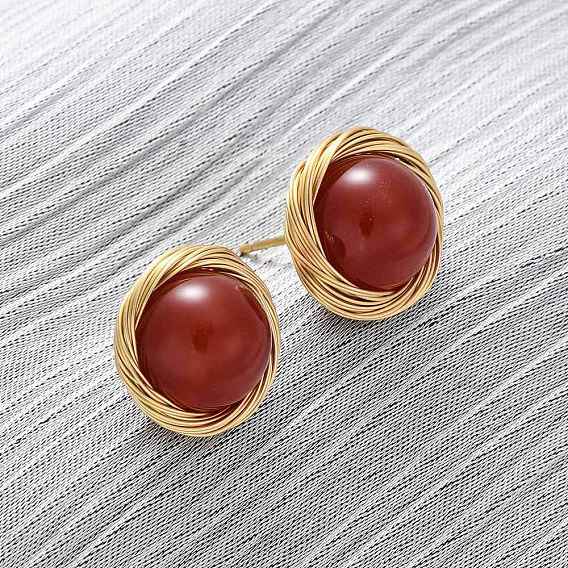 Серьги-гвоздики из натурального сердолика из латуни, круглые, реальный 14 k позолоченный