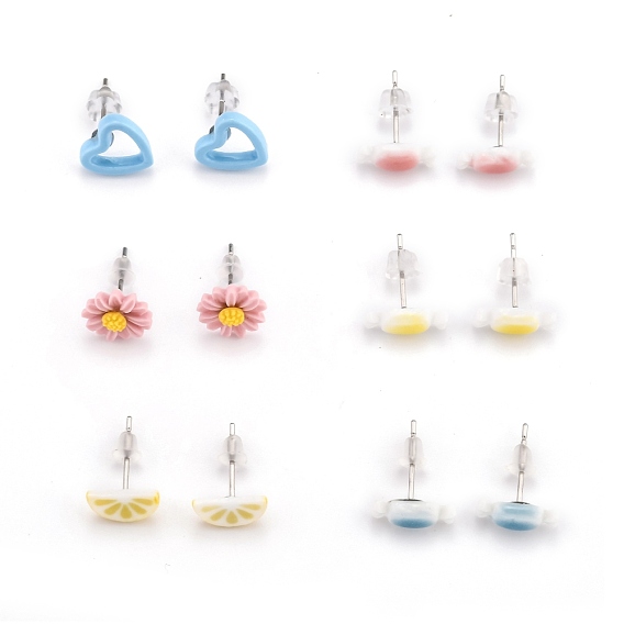 Porcelain Stud Earrings, with 304 Stainless Steel Findings and Plastic Ear Nuts, Mixed Shapes