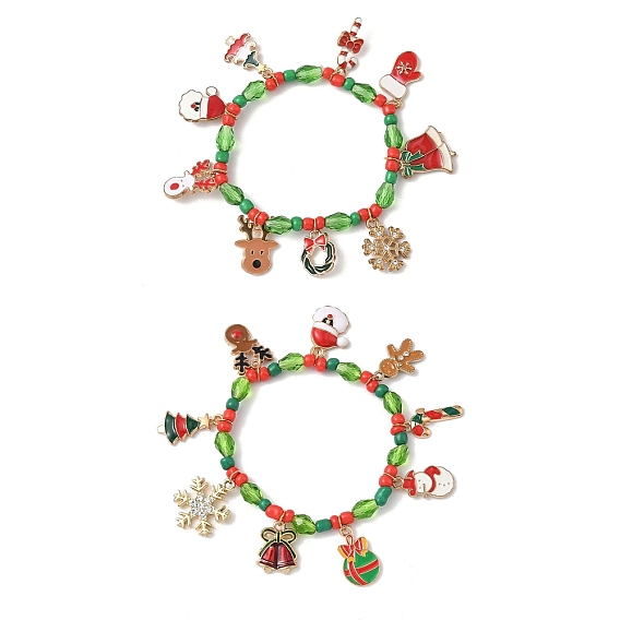 Рождественские браслеты с подвесками из эмали из сплава, эластичные браслеты из пластиковых и стеклянных бусин для женщин