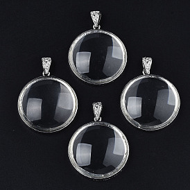 Glass Pendants, with Brass Findings, Flat Round Charms, Platinum