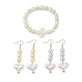 Round & Heart Acrylic Beads Bracelet & Dangle Earring Set, 304 Stainless Steel Jewerly for Women