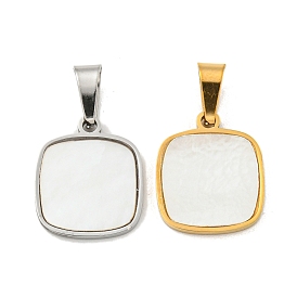 304 Stainless Steel Pave Natural White Shell Square Charms