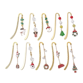 10Pcs 10 Styles Christmas Theme Alloy Enamel Pendant Bookmarks, Glass Beaded and Alloy Hook Bookmark, Deer/Santa Claus/Christmas Wreath