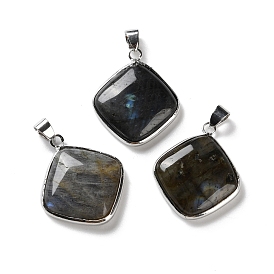 Natural Labradorite Pendants, Rack Plating Brass Rhombus Charms, Platinum, Long-Lasting Plated, Lead Free & Cadmium Free