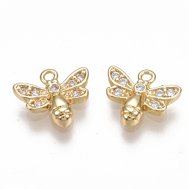 Brass Micro Pave Cubic Zirconia Charms, Bee, Clear, Nickel Free