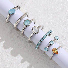 Minimalist Water Drop Ring Set with 7 Pieces of Cool-toned Joint Rings and Inlaid Rhinestones for Women's Fashion Accessories