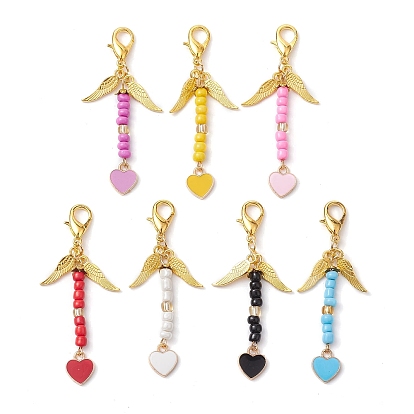 7Pcs Glass Seed Bead Pendant Decorations, with Alloy Enamel Heart Charms