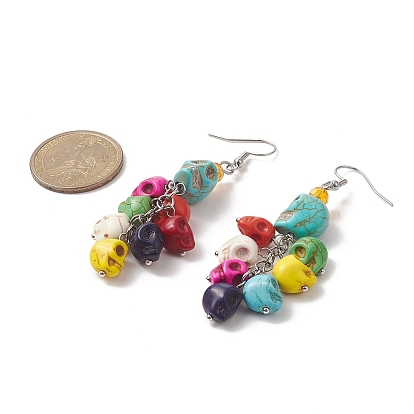 Dyed Synthetic Turquoise Skull Dangle Earrings, 304 Stainless Steel Cluster Drop Earrings for Women